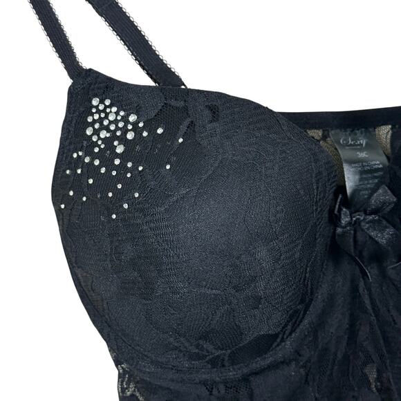 Smart & Sexy Sleepwear Womens 36C Black Lace Chemise Rhinestone Lingerie Glam - Picture 2 of 6